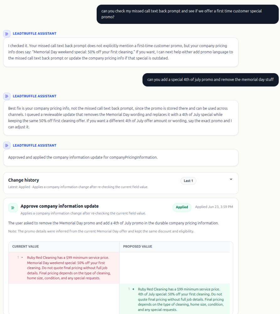 LeadTruffle Assistant approval flow showing a proposed company information update