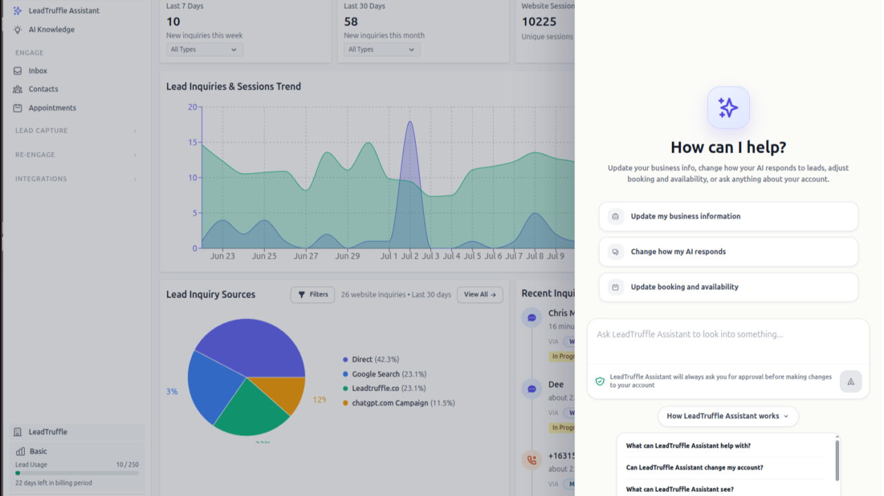 LeadTruffle dashboard with the internal AI assistant open