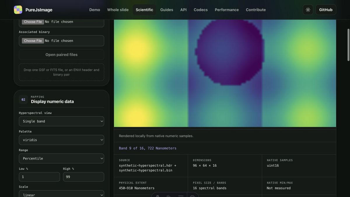 Scientific explorer rendering native ENVI hyperspectral samples in the browser