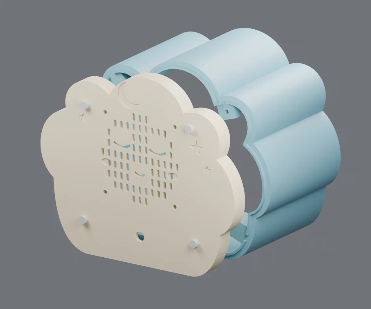 An exploded CAD view showing the single front plate meeting the shell's lip and mounting tabs.
