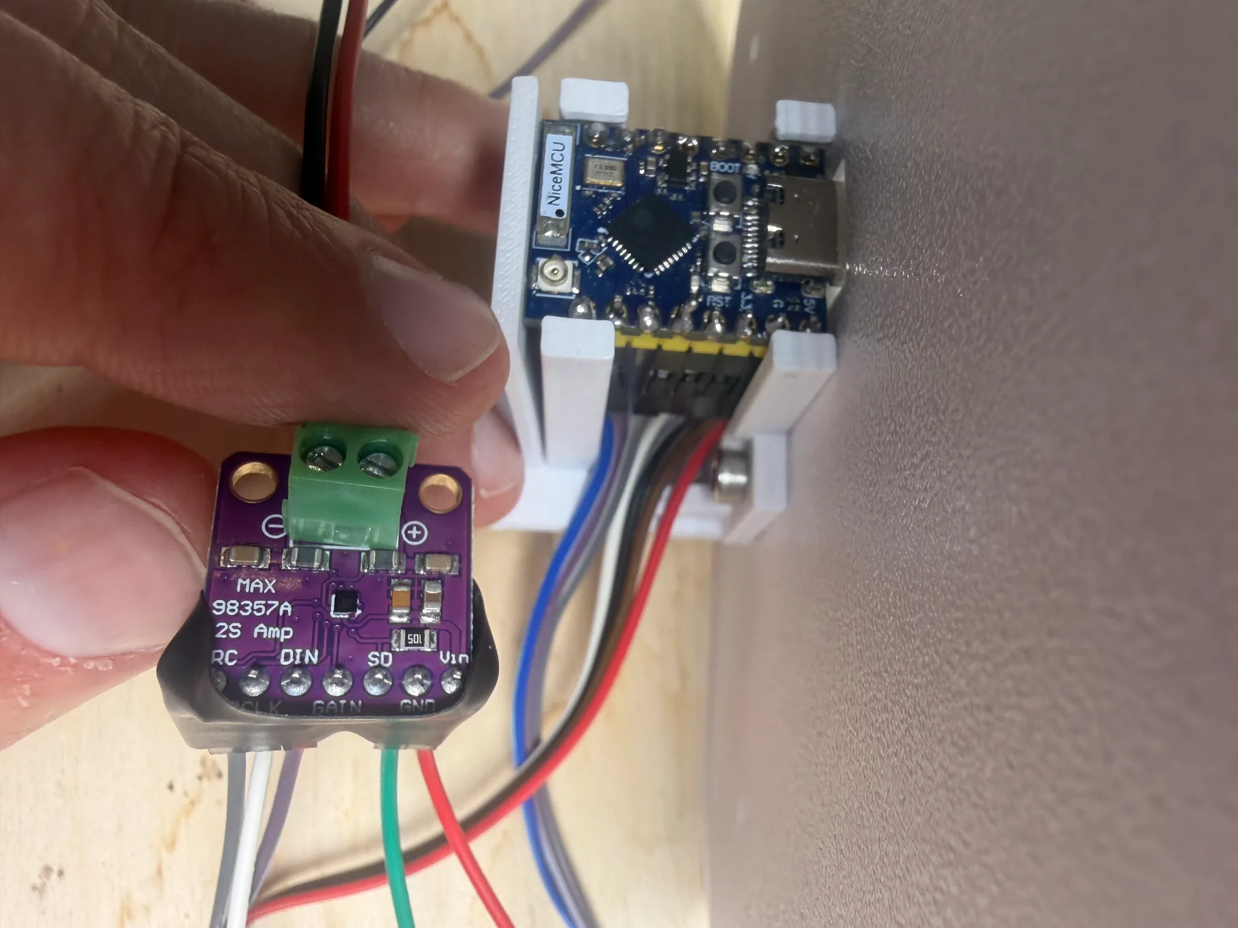 The amplifier and ESP32 wiring during assembly, before closing the enclosure.